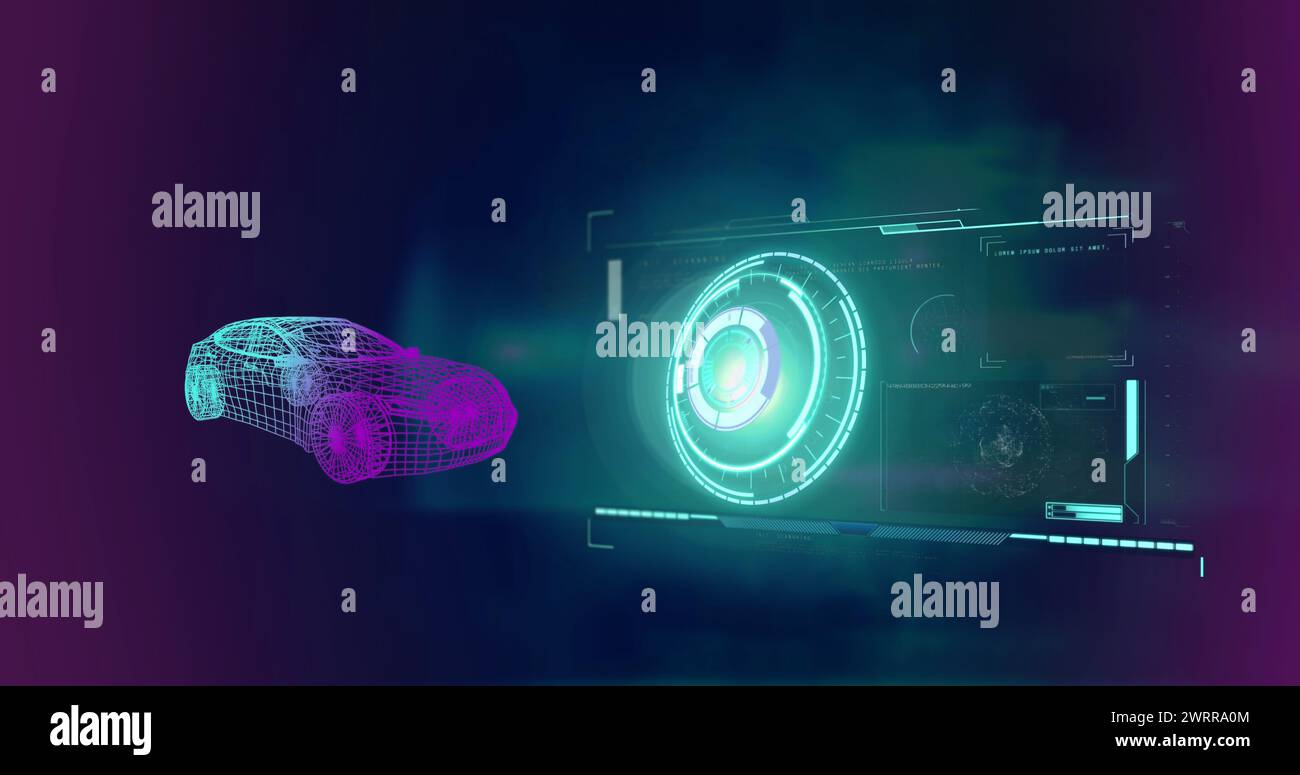 Bild der 3D-Fahrzeugzeichnung, des Scans und der Datenverarbeitung Stockfoto