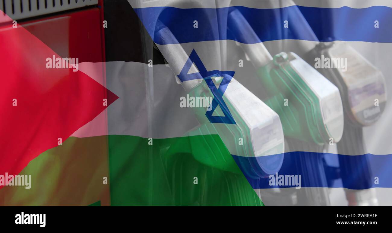 Bild: Ölkraftstoffpumpen über der Flagge israels und palästinas Stockfoto