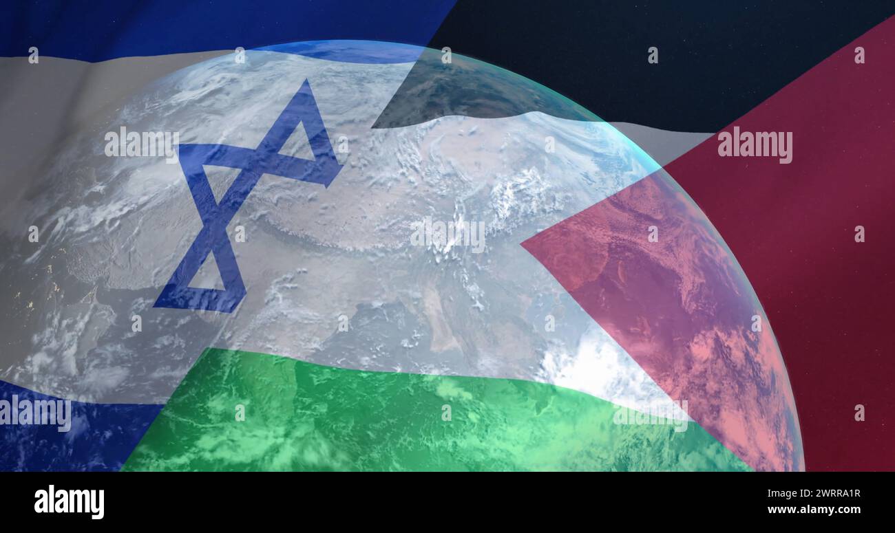 Bild des Globus über der Flagge israels und palästinas Stockfoto