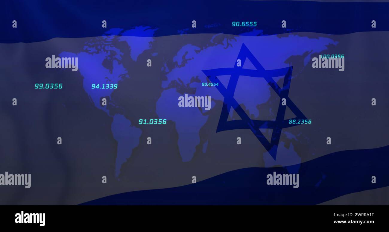 Bild der Karte und Datenverarbeitung über der Flagge israels Stockfoto