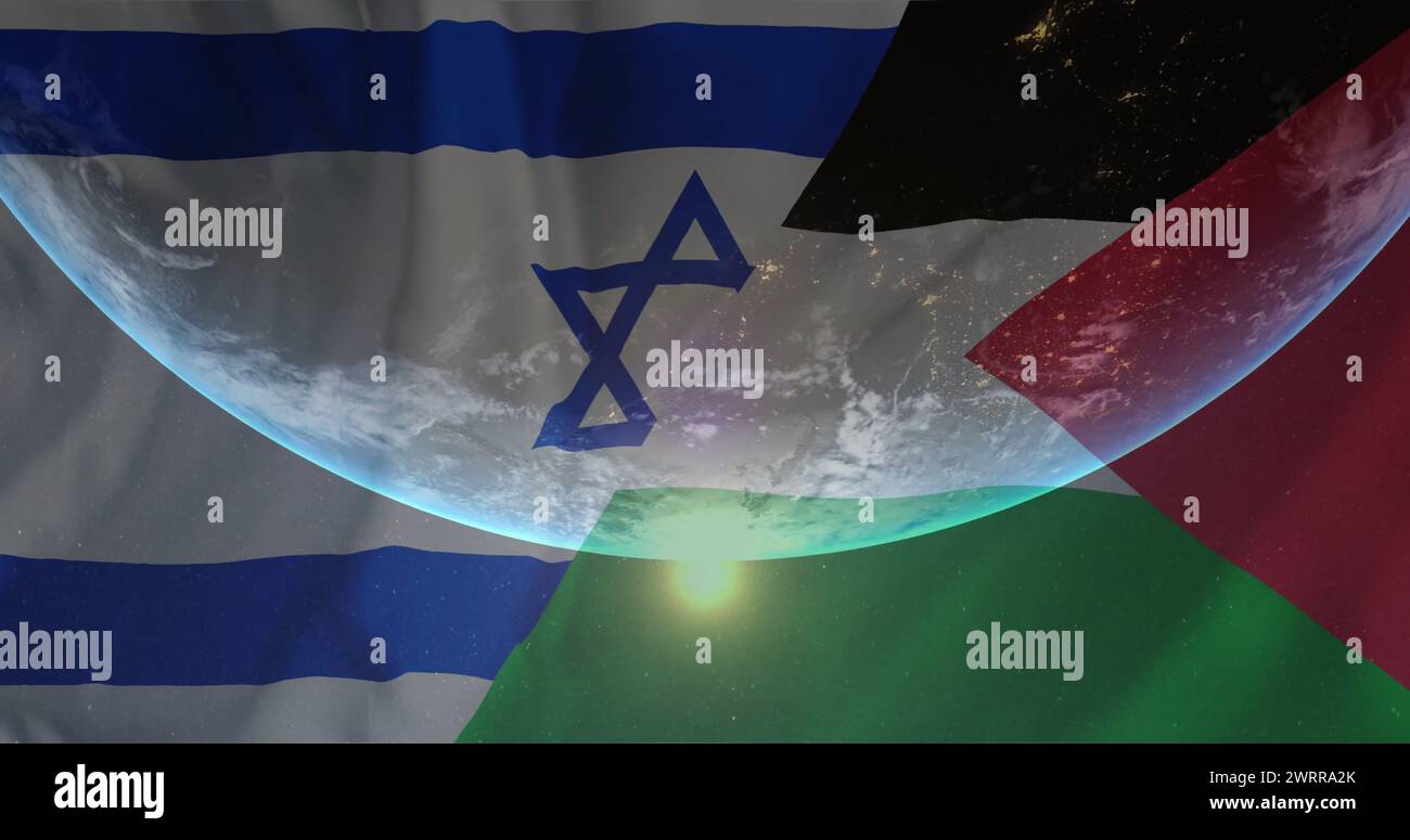 Bild des Globus über der Flagge israels und palästinas Stockfoto