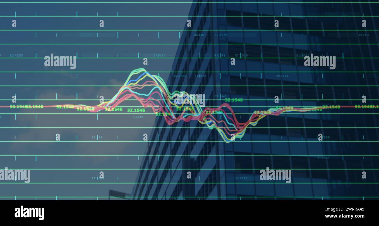 Bild der Verarbeitung von Finanzdaten über einem modernen Büroblock Stockfoto