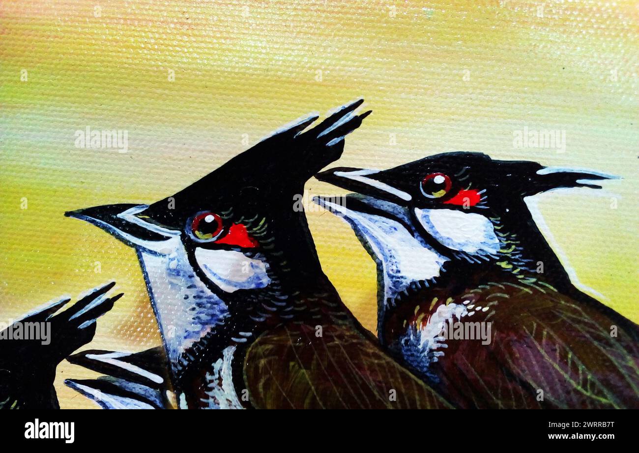 Kunstmalerei Ölfarbe Tier, Zapfen Vogel, Rote-Whiskered Bulbul Stockfoto