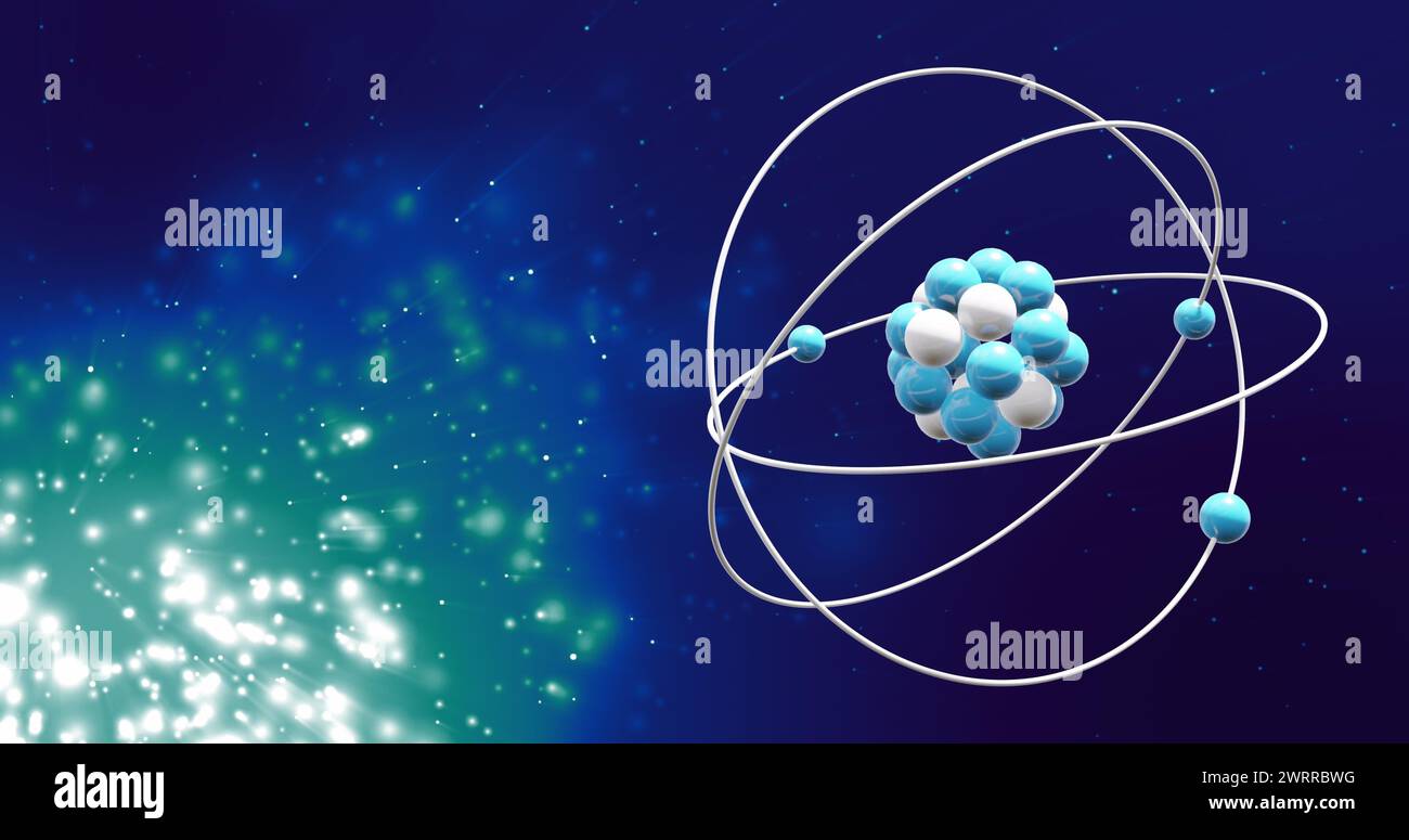Bild eines Atommodells, das sich über leuchtenden Lichtpunkten auf blauem Hintergrund dreht Stockfoto