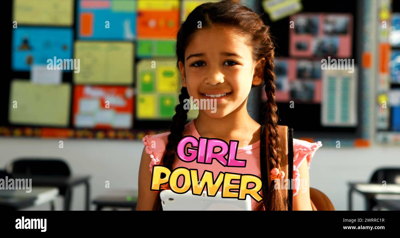 Bild von Mädchenmacht-Text über Schulmädchen Stockfoto