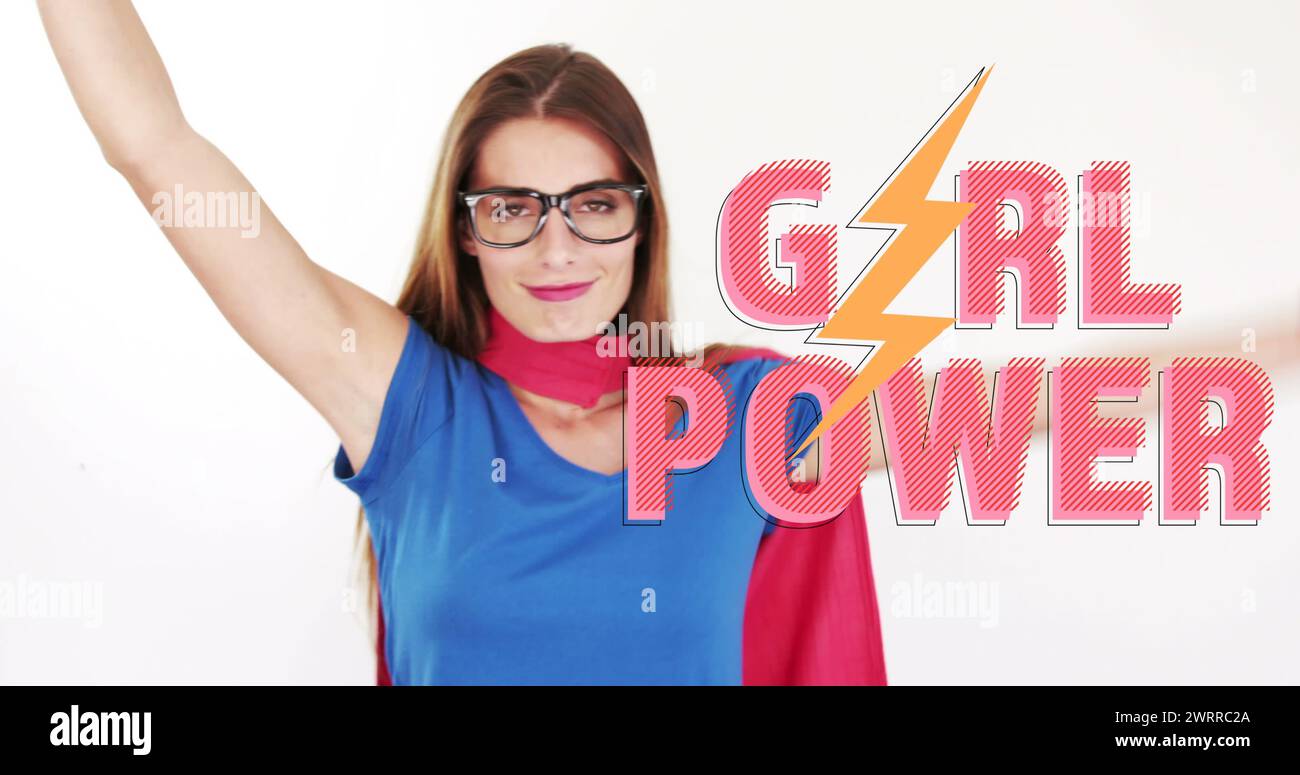 Bild eines Mädchenmachttextes über Superheldenfrau Stockfoto