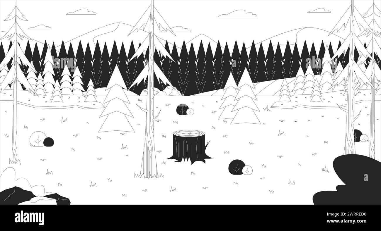 Glade Wald Kiefern schwarz-weiße Linie Illustration Stock Vektor