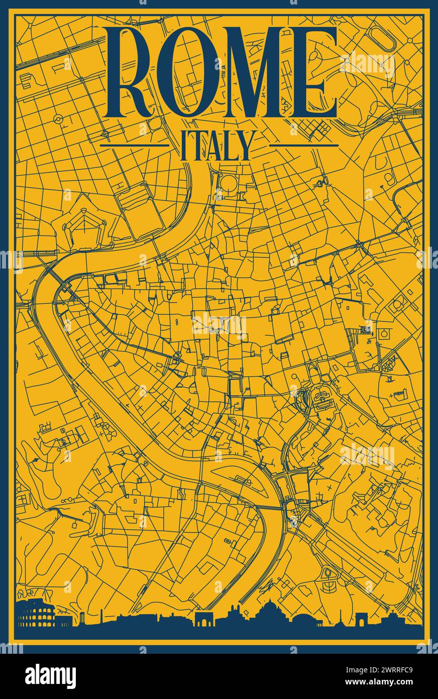 Handgezeichnetes Straßennetz und Skyline-Poster der Innenstadt von ROM, ITALIEN Stock Vektor