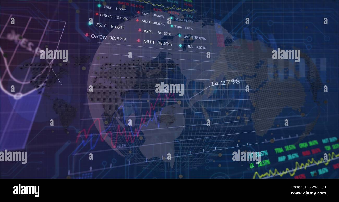 Bild von Globus- und Finanzdaten über dem digitalen Marinesaal Stockfoto