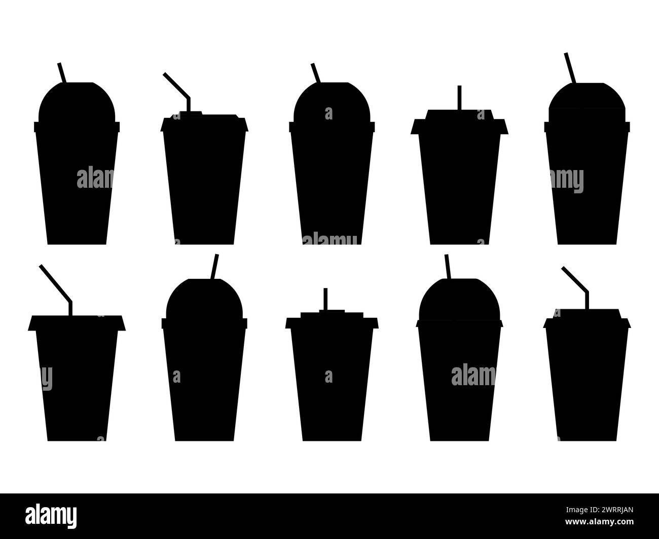 Schwarze Silhouetten aus Kunststoff oder Pappbecher mit Strohsymbolen auf weißem Hintergrund. Plastikbecher für kohlensäurehaltige Getränke. Kohlensäurehaltige alkoholfreie Getränke. D Stock Vektor