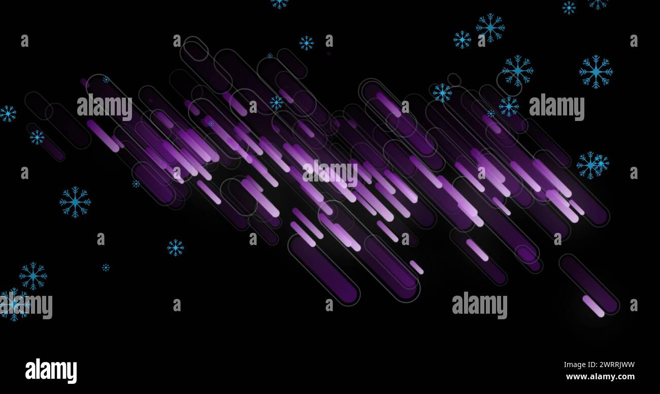 Bild von violetten Linien über Schneeflocken auf schwarzem Hintergrund Stockfoto