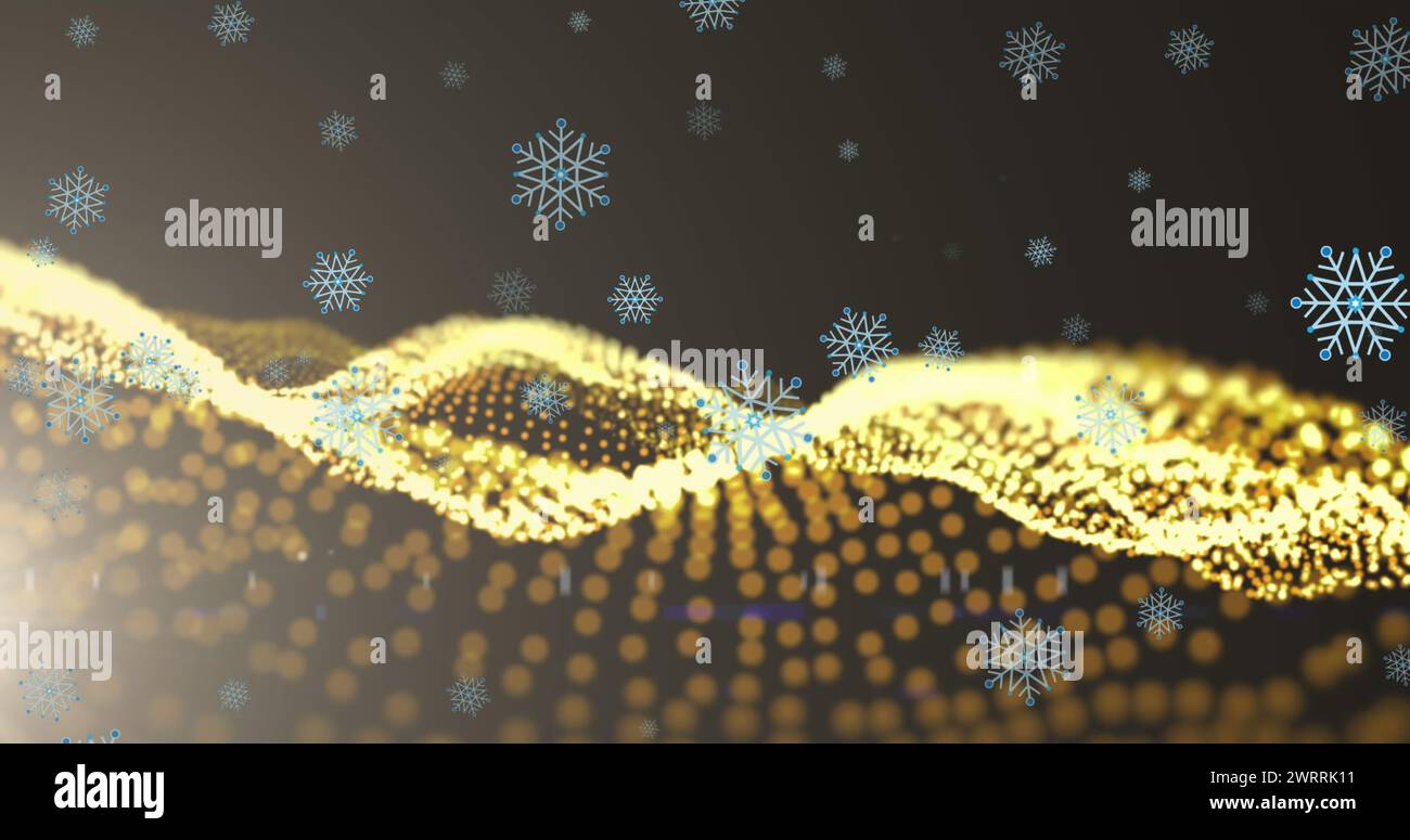 Bild von Schneeflocken über hellen Flecken auf schwarzem Hintergrund Stockfoto