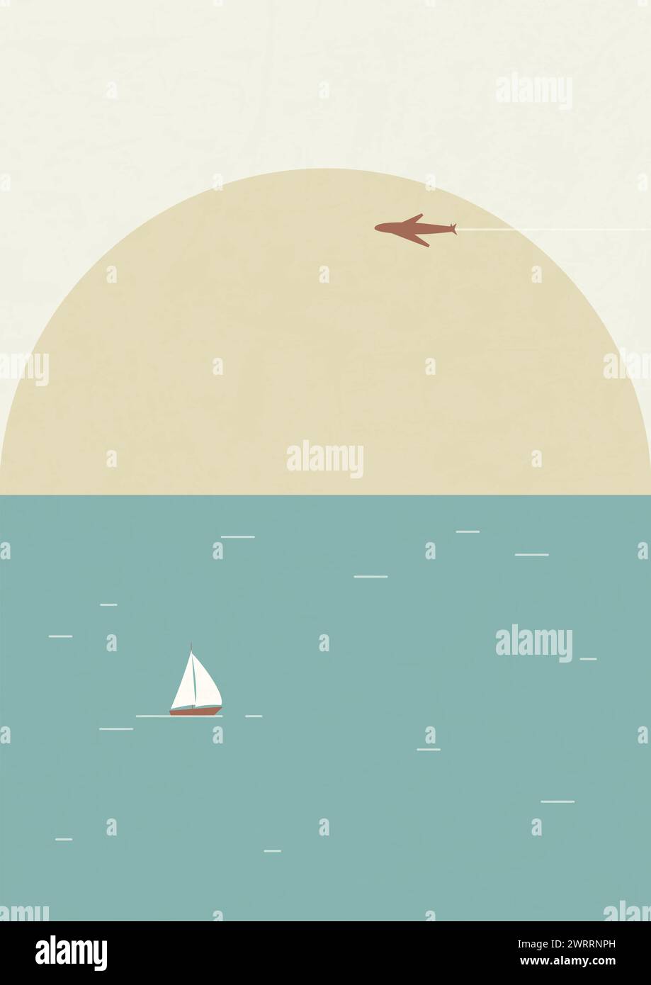 Morgenlandschaft mit Meer und Vektor-Illustration. Fliegendes Flugzeug am Himmel. Segelschiff in der Nähe von texturierter Kunst am Meer. Babydruck, Kunstdruck für Stock Vektor