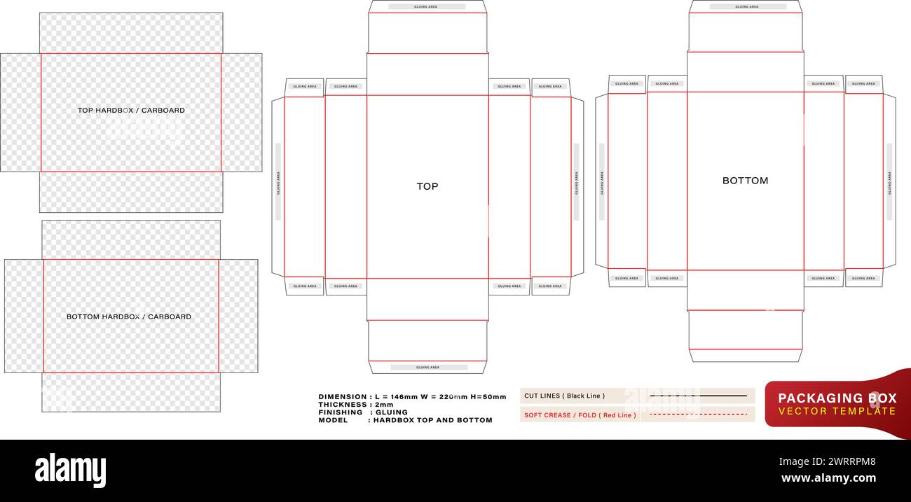 Stanzbox Ober- und Unterseite Modelle Hardbox Vorlage mit den Abmessungen und Dicke für Verpackungsmarke, Produktfach einzigartig Stock Vektor