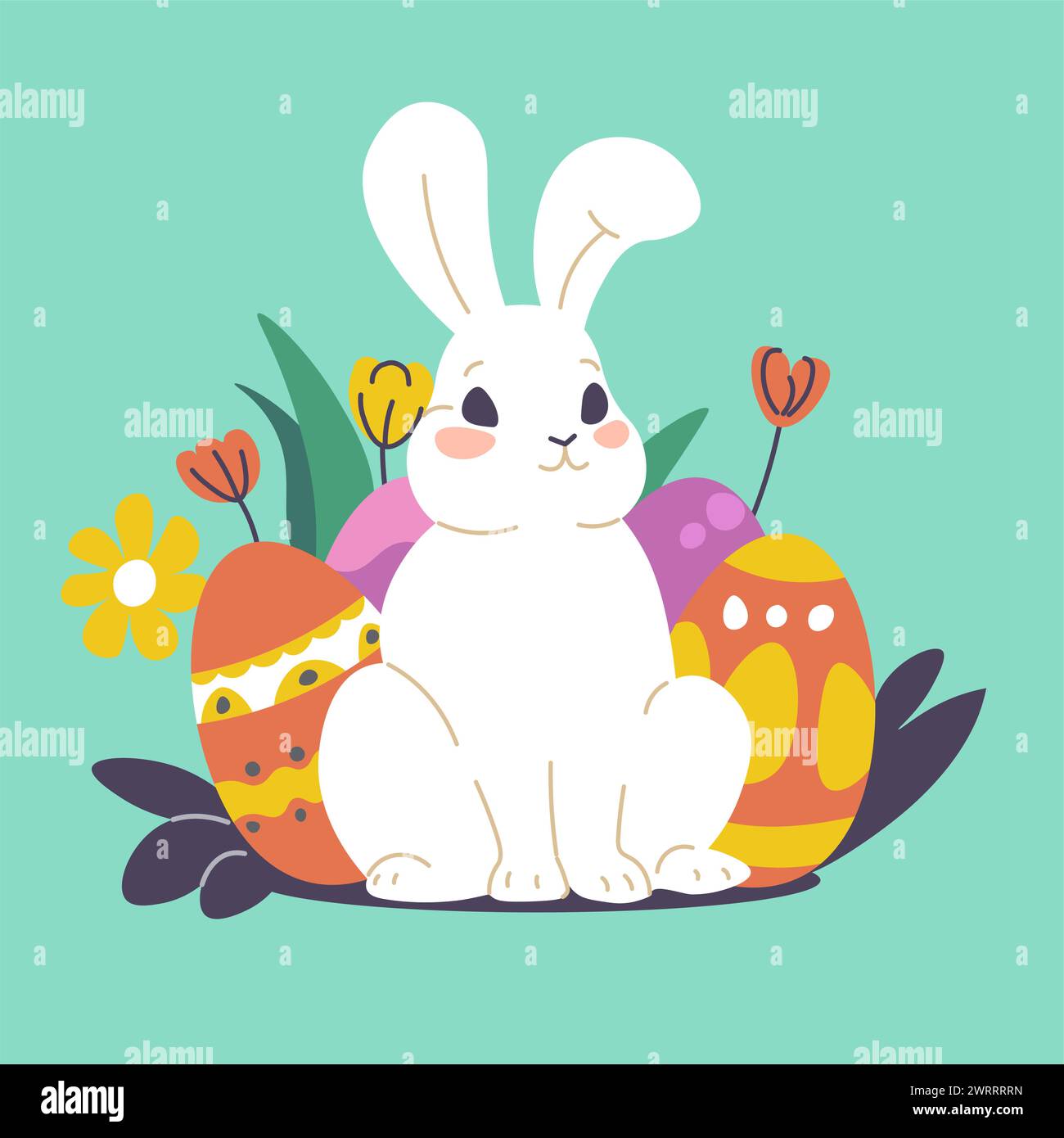 Süßes Kaninchen für ostern, Eier und Frühlingsblumen Stock Vektor