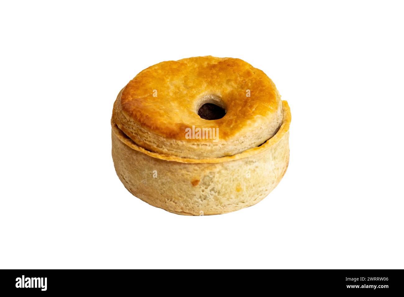 Das Backwaren-Produkt eines Steaktortes auf weißem Hintergrund Stockfoto