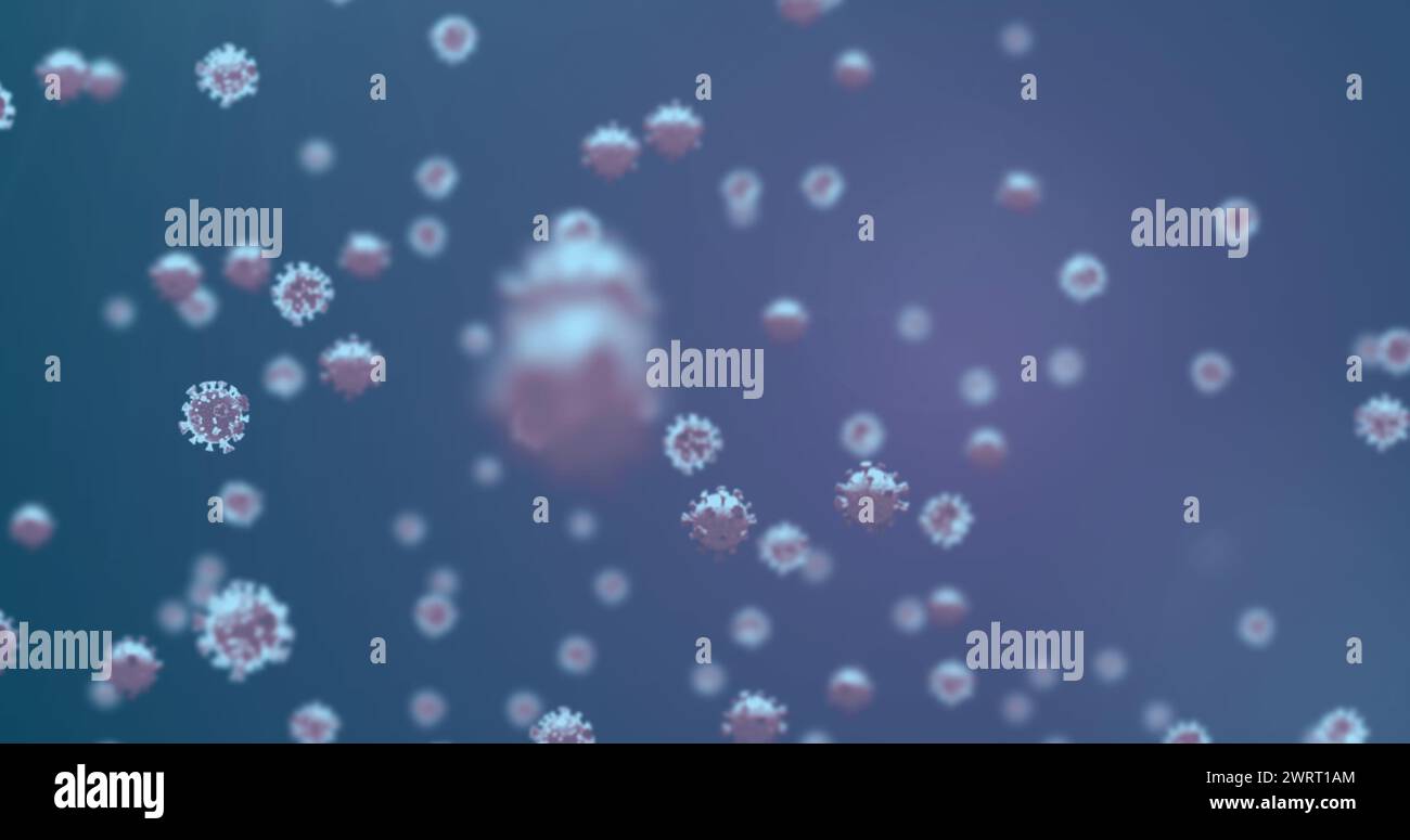 Bild von COVID-19-Makrozellen auf marineblauem Hintergrund Stockfoto