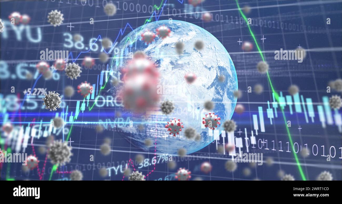 Bild von COVID-19-Makrozellen, die auf marineblauem Hintergrund schweben, mit einem Kugelmodell und Diagrammen Stockfoto