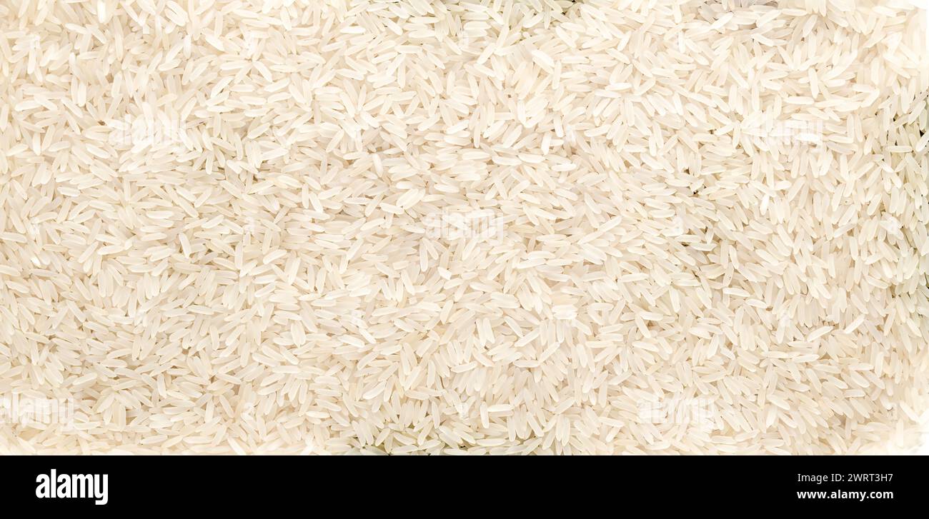 Roher weißer langkörniger Reis Hintergrund. Draufsicht. Hochwertige Fotos Stockfoto