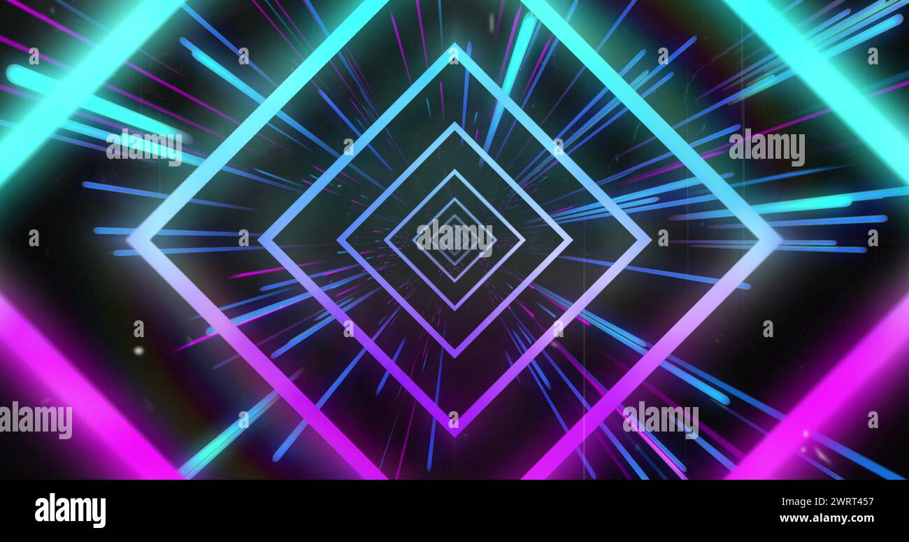 Bild von blauen Neonlichtern und Quadraten auf schwarzem Hintergrund Stockfoto