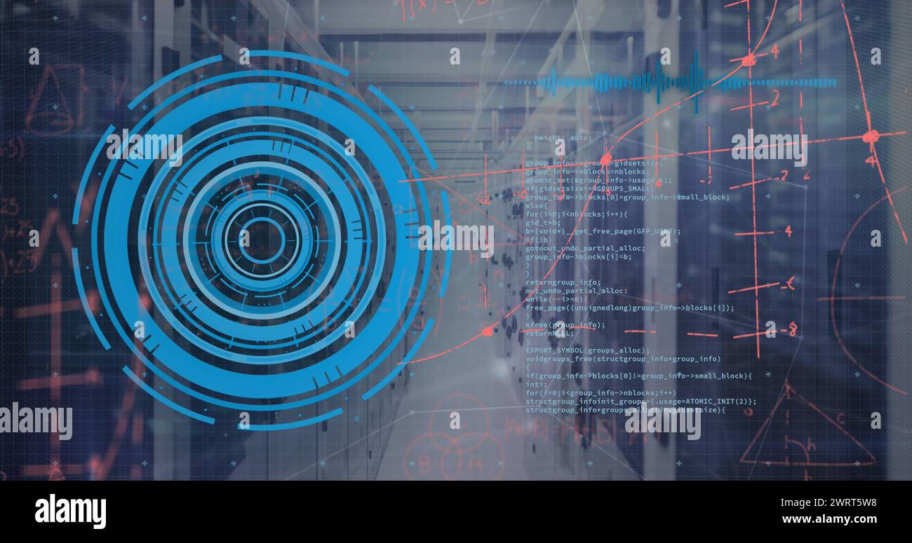 Bild des Scope-Scans mit mathematischen Gleichungen und Datenverarbeitung über dem Serverraum Stockfoto