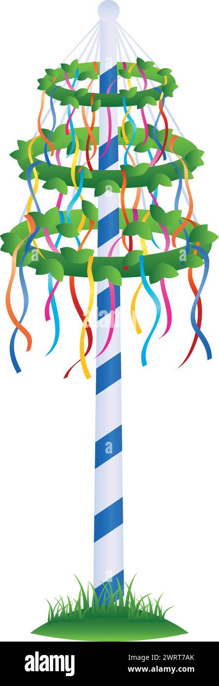 Maypole mit bunten Bändern isolierte Vektor-Illustration Stock Vektor