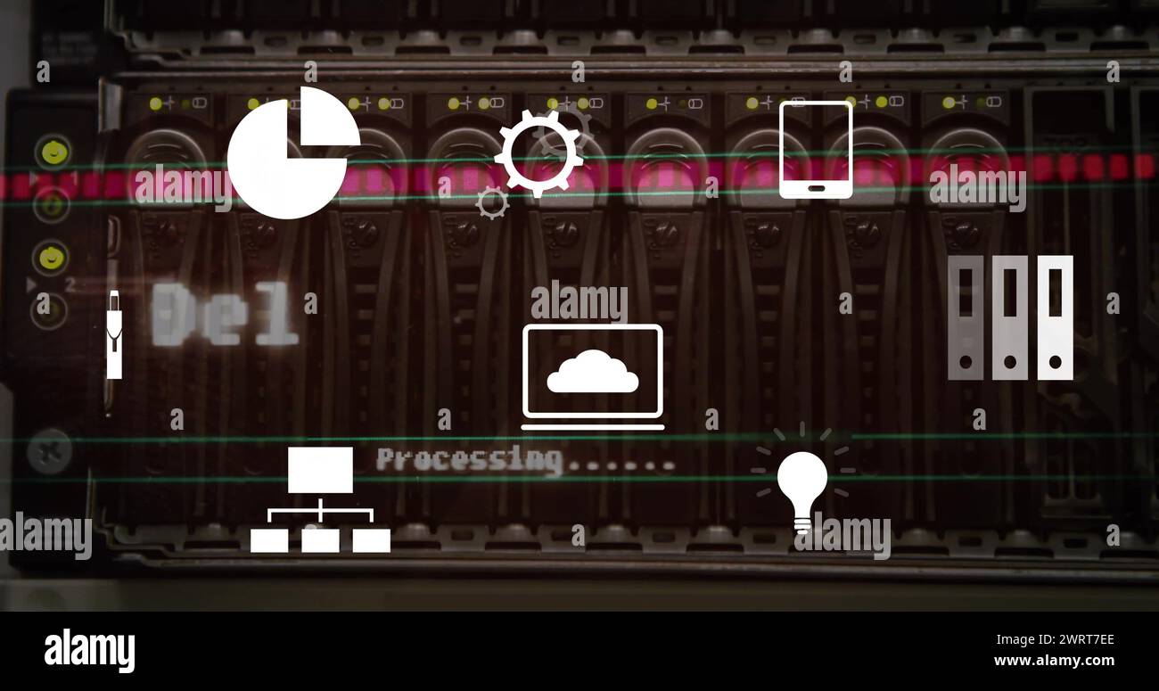 Bild von digitalen Geschäftssymbolen und Datenverarbeitung über Computerserver Stockfoto