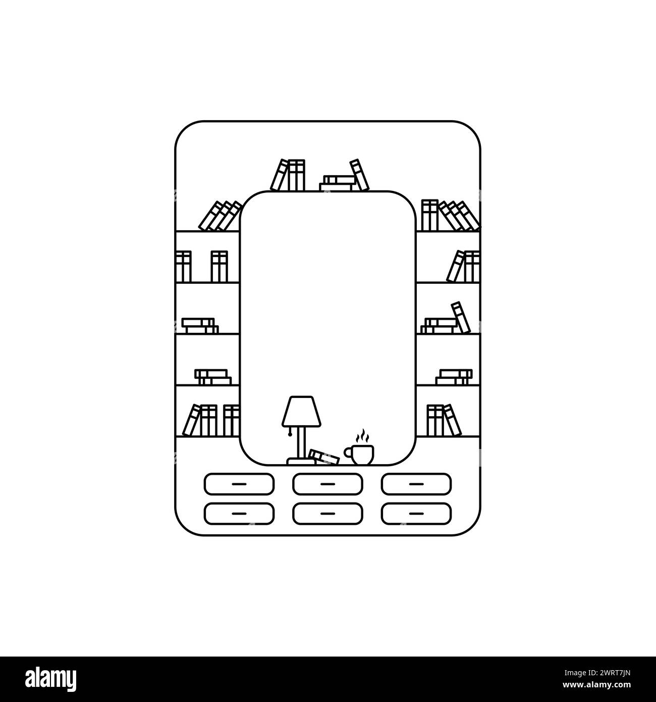 Kontur-Vektor für Buchschreibung. Gemütlicher Kleiderschrank mit Lampenvektor. Innenraummöbel für Wohnraum, lineares Möbelkonzept. Bücher, Lampe auf dem Regalvektor. Stock Vektor