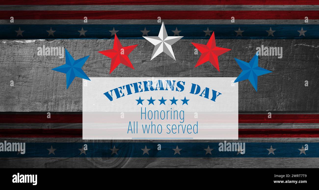 Bild vom Veteranentag, der all jene ehrt, die Text über amerikanischer Flagge serviert haben Stockfoto