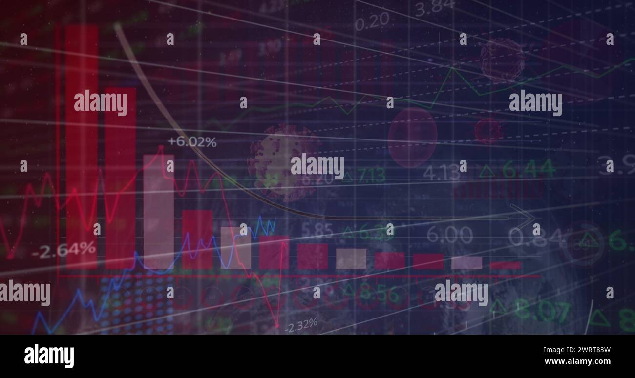 Abbildung des Diagramms und der Datenverarbeitung über Viruszellen auf schwarzem Hintergrund Stockfoto