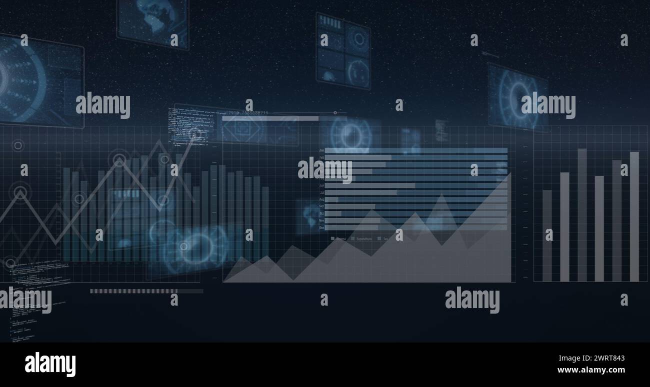 Abbildung von Diagrammen, Weltkarte und Datenverarbeitung auf dunklen Bildschirmen Stockfoto