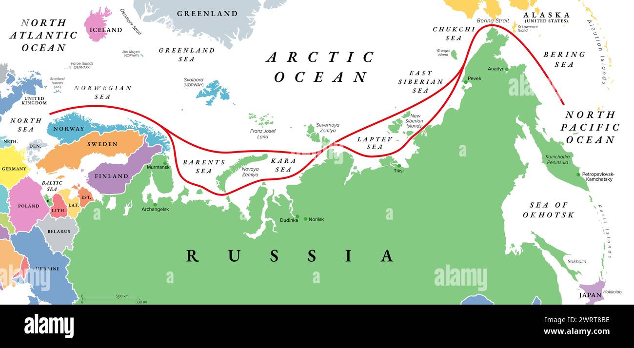 Northeast Passage, NEP, einschließlich Northern Sea Route, politische Karte. Schifffahrtsroute zwischen Atlantik und Pazifik entlang der arktischen Küste. Stockfoto