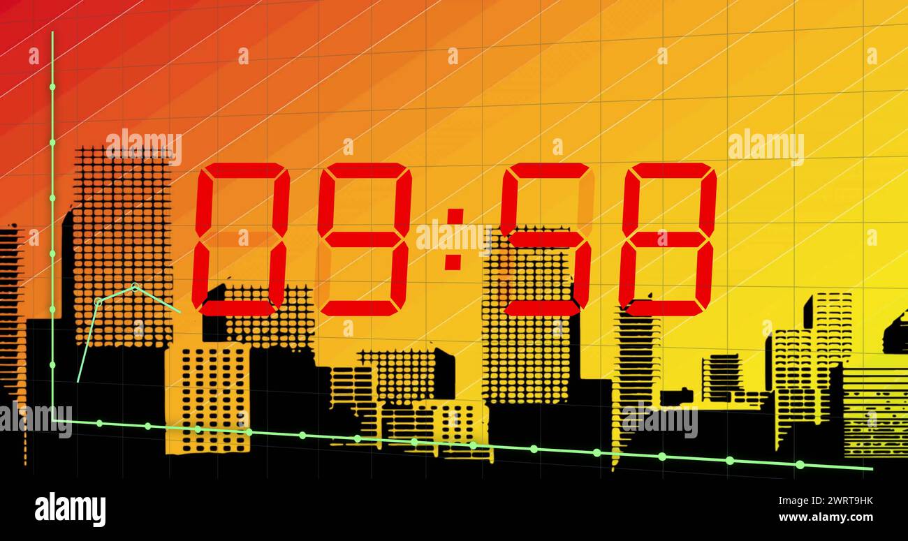 Bild von Diagrammen und Countdown über die Stadtlandschaft Stockfoto