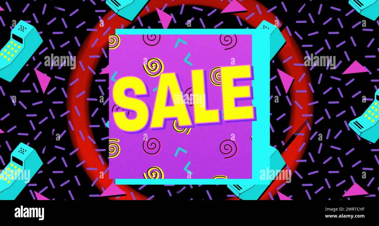 Vintage-Verkaufsanzeige mit Retro-Telefonen und farbenfrohen Grafiken. Stockfoto