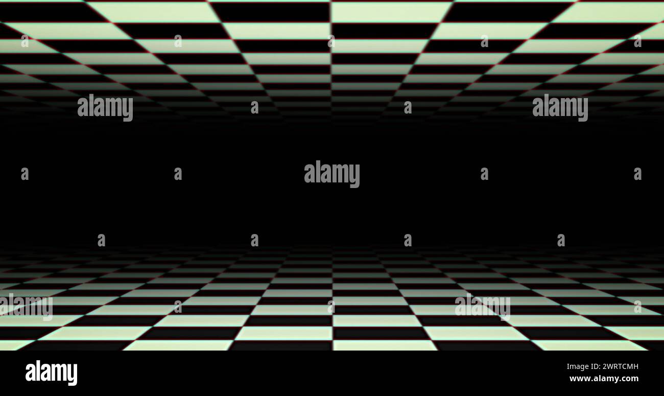 Schwarze und weiße Quadrate mit Schachbrettmuster, die sich auf schwarzem Hintergrund über- und unterbewegen Stockfoto