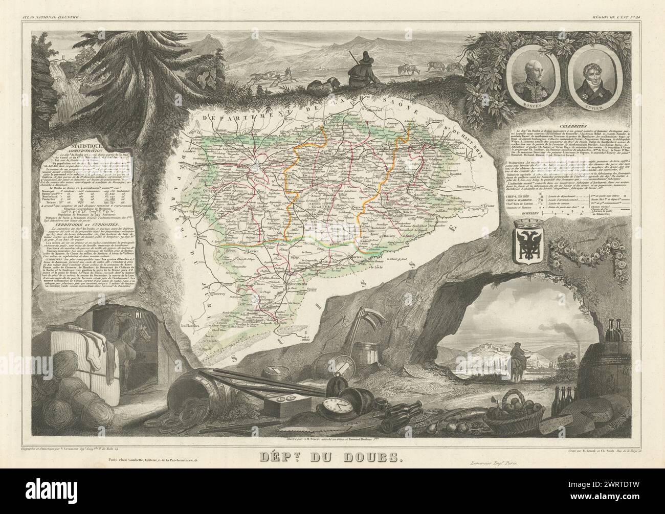 Département du DOUBS. Dekorative antike Karte/Karte von Victor LEVASSEUR 1856 Stockfoto