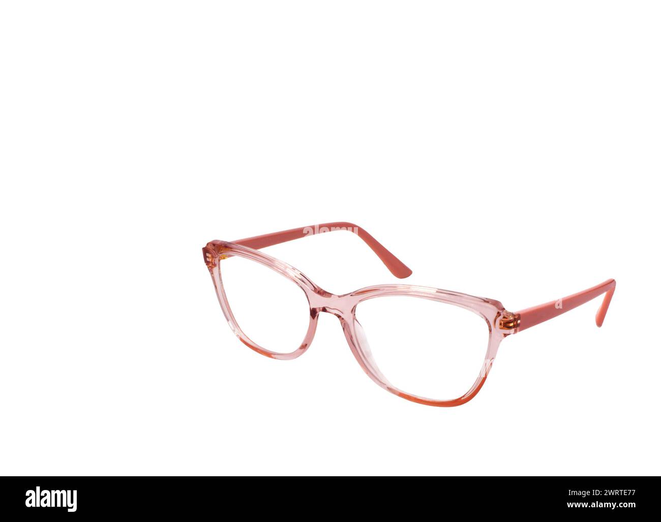 Brille mit transparentem rosafarbenem Rahmen auf weißem Hintergrund. Kopierbereich. Stockfoto