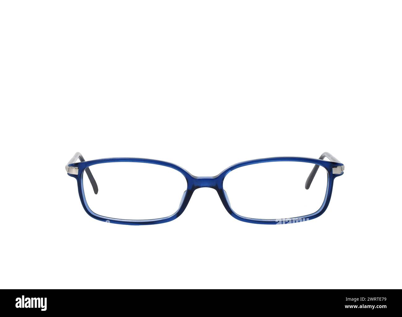 Brille mit einem Bue-Rahmen auf weißem Hintergrund. Kopierbereich. Stockfoto
