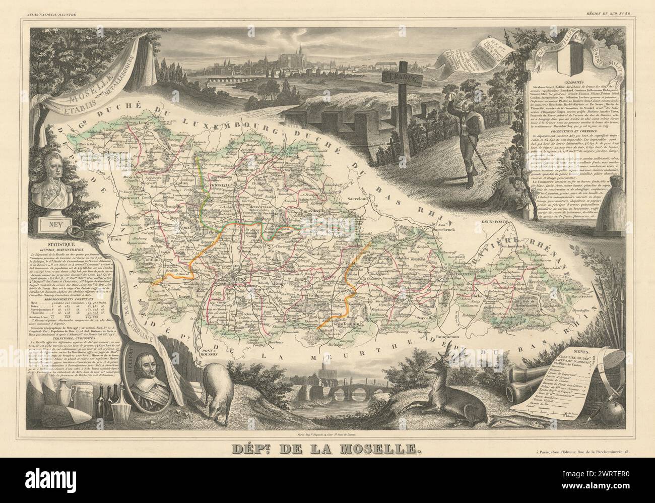 Département de la MOSELLE. Dekorative antike Karte/Karte. Victor LEVASSEUR 1856 Stockfoto