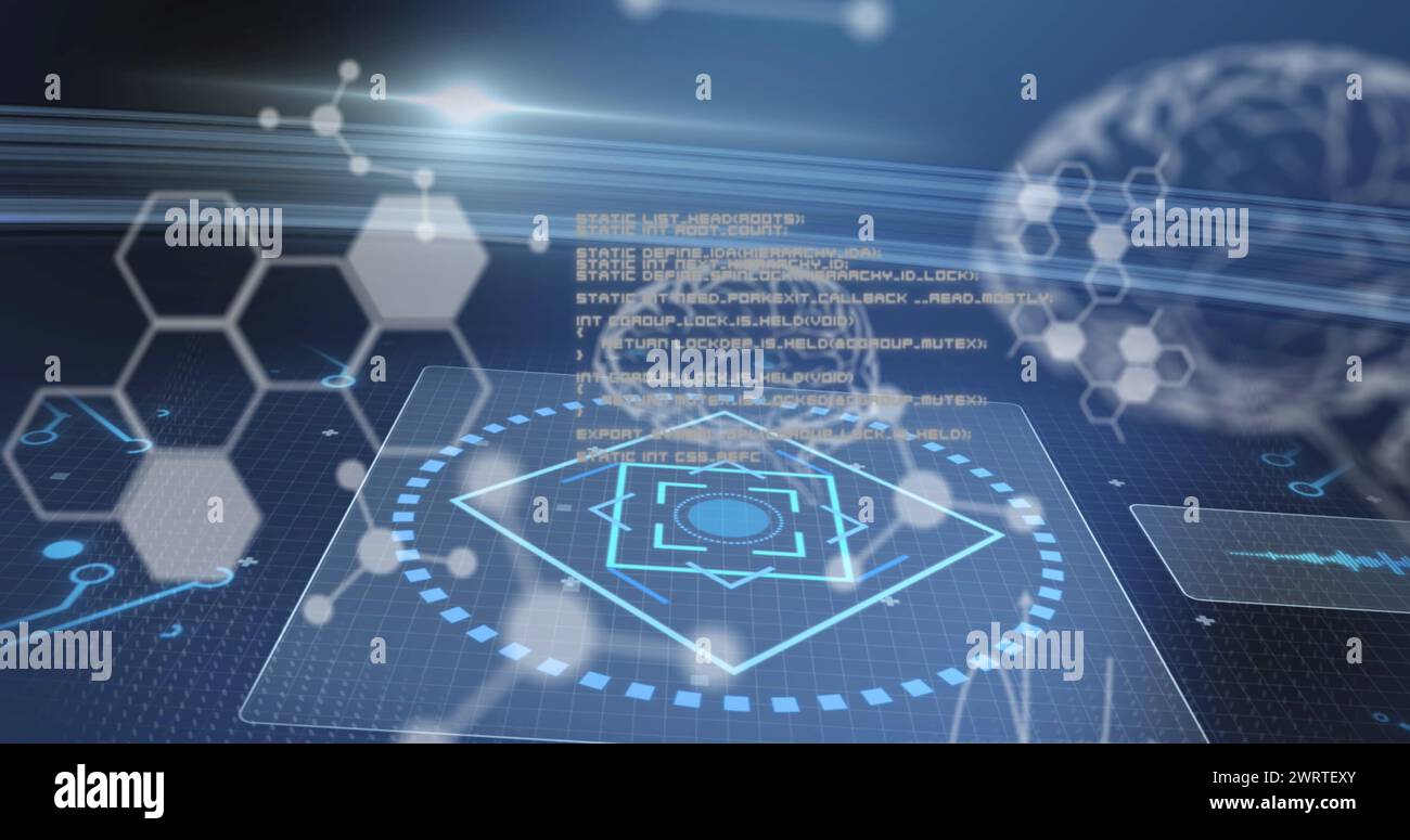 Bild menschlicher Gehirne und medizinische Datenverarbeitung über Bildschirmen Stockfoto