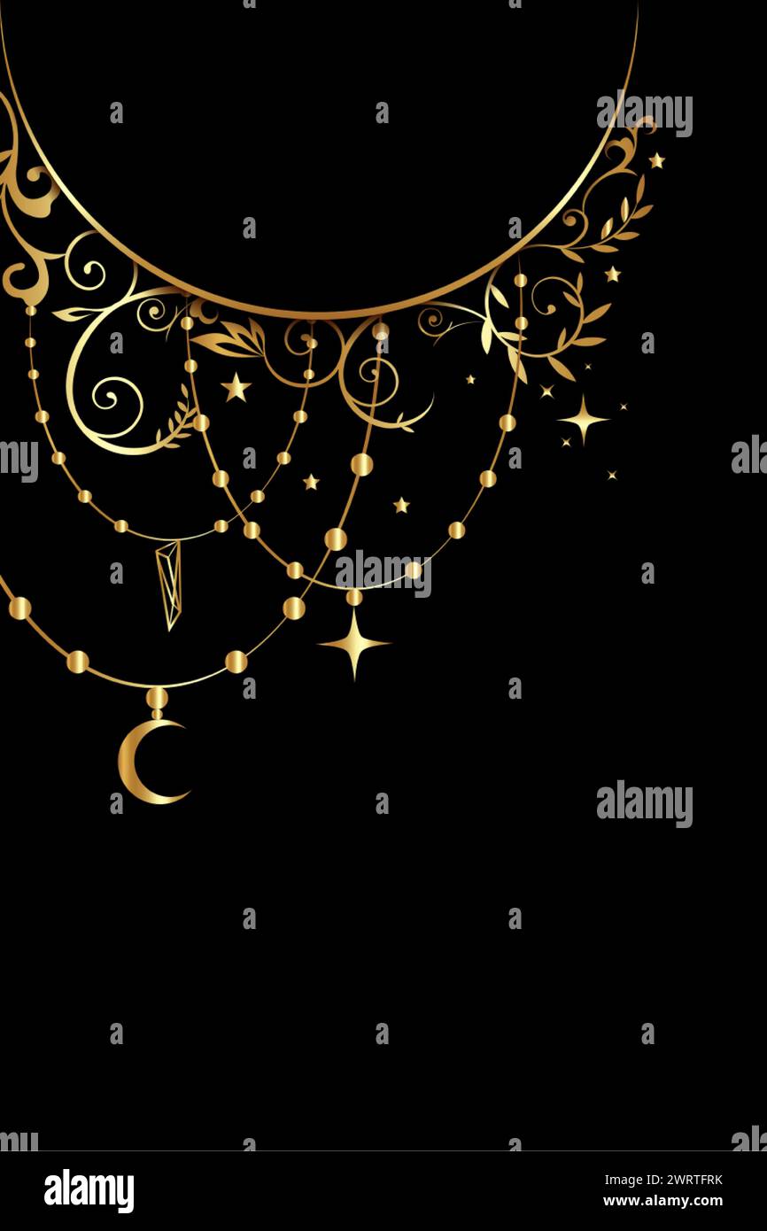 Mystischer, himmlischer goldener Rahmen mit Sternen, Blumen, Sicheln und Kopierraum im Boho-Stil. Verziertes magisches Banner mit einem Platz für Text. Vektor Gold Stock Vektor