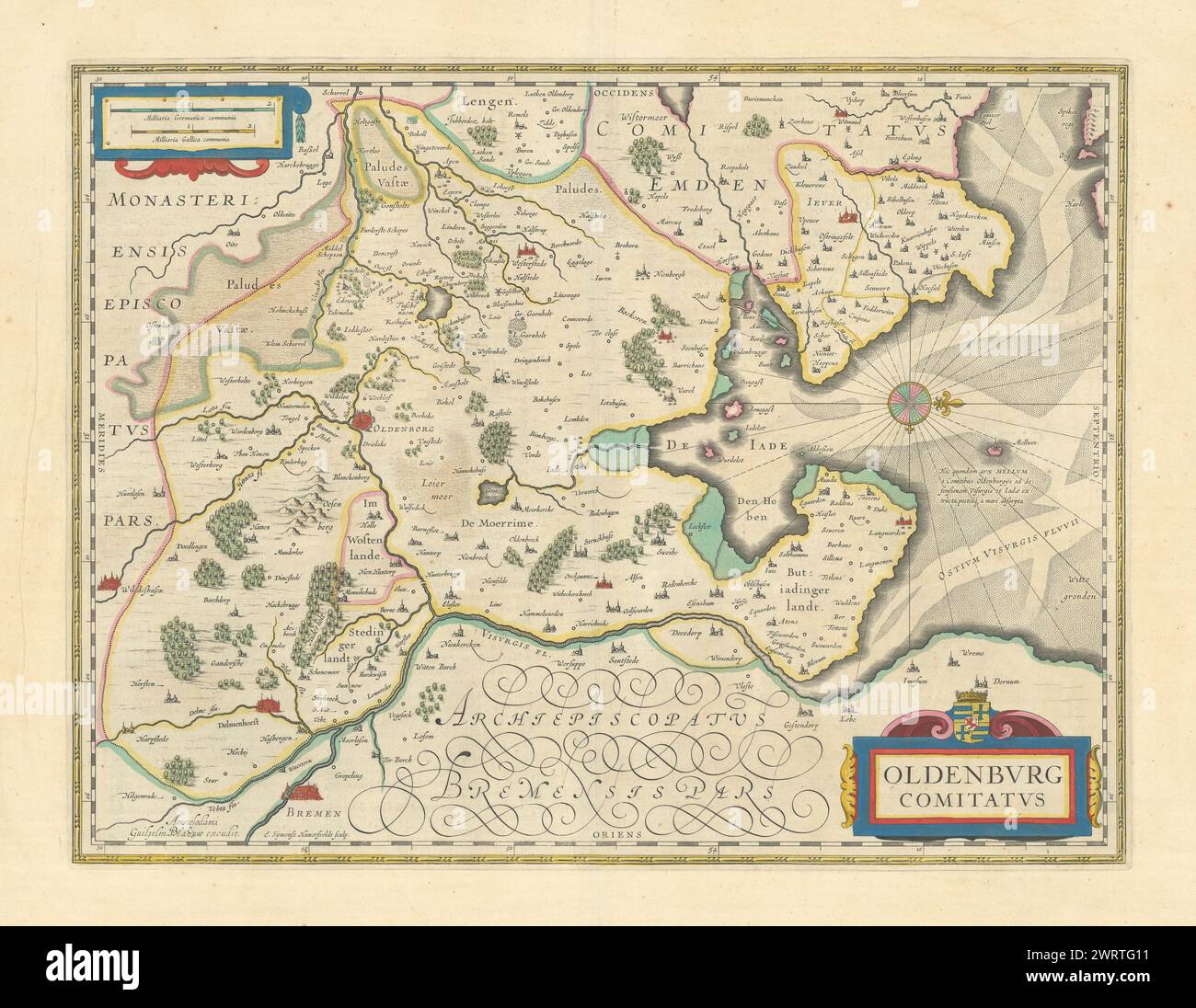 Oldenburg Comitatus. Grafschaft Oldenburg bei Blaeu. Karte Niedersachsen 1645 Stockfoto