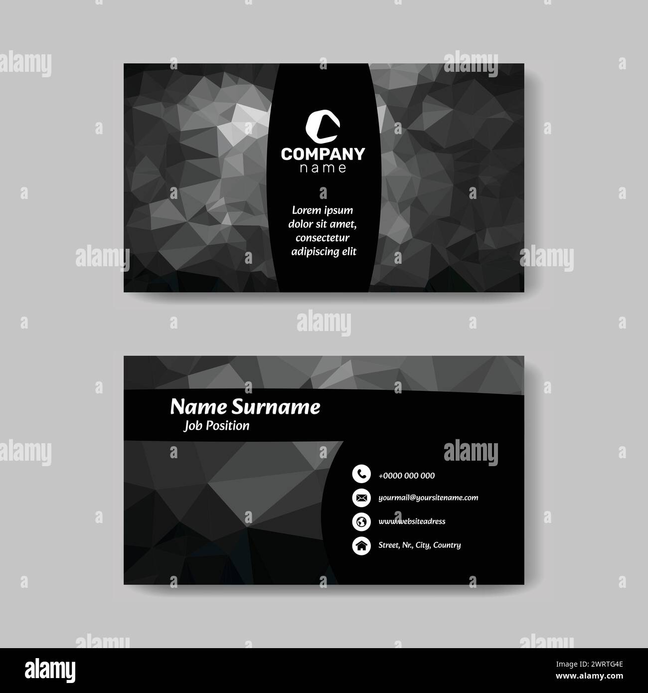 Vektor Low Poly abstrakte schwarz-weiße Visitenkarte Vorlage, horizontale Präsentationsdeckel, Sammlungen von Hintergründen, trendy, geometrisch, Cyber-Pol Stock Vektor