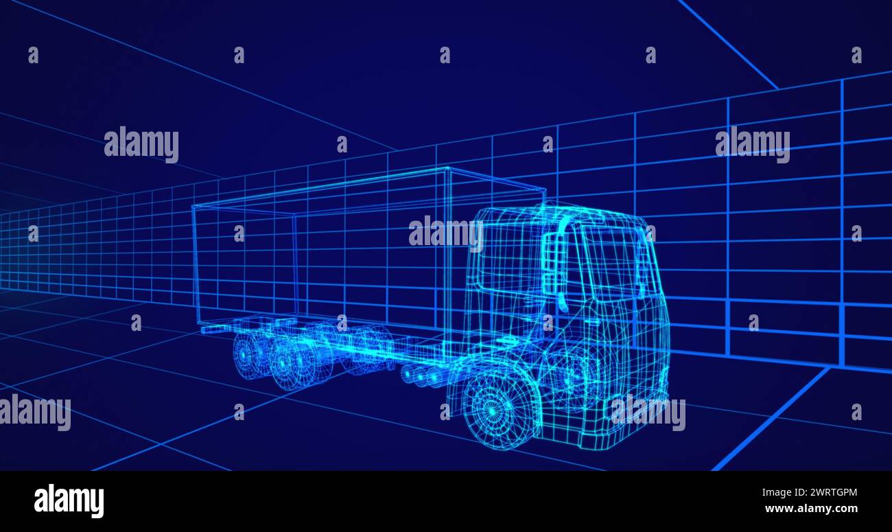 Bild der technischen 3D-Zeichnung eines LKWs in blau, mit beweglichem Raster im Hintergrund 4k Stockfoto