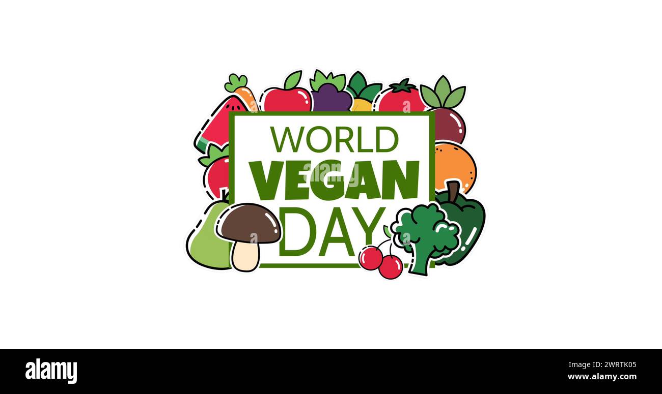 Bild des veganen Welttags über der Welt auf weißem Hintergrund Stockfoto