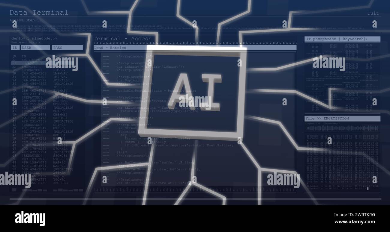 Abbildung der AI-Datenverarbeitung über Computerplatine Stockfoto