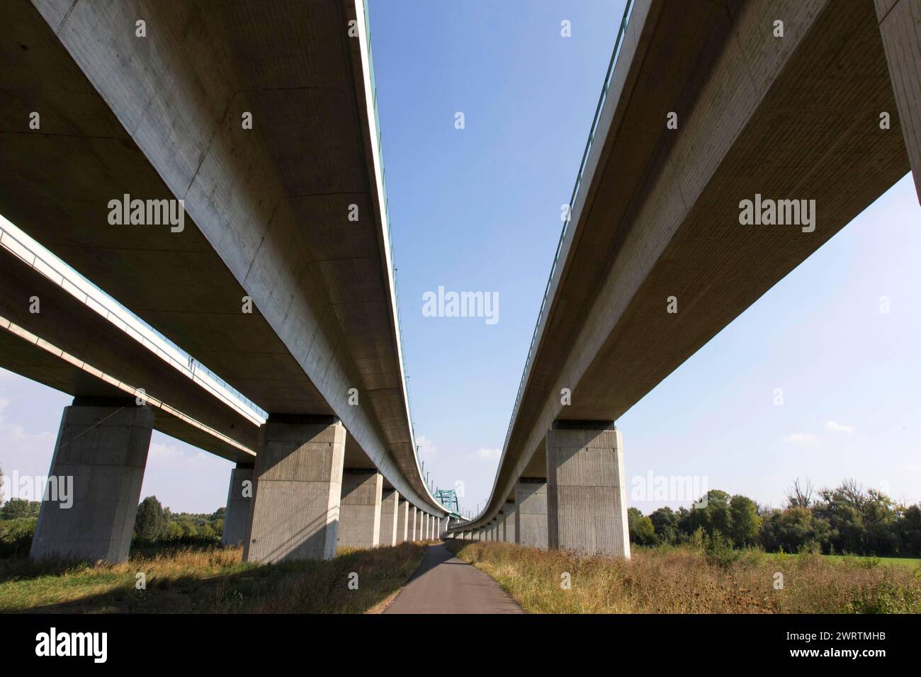 Blick von unten auf das rund sechs Kilometer lange Saale-Elster-Viadukt bei Halle, der längsten Eisenbahnbrücke Deutschlands, 22/09/2016 Stockfoto