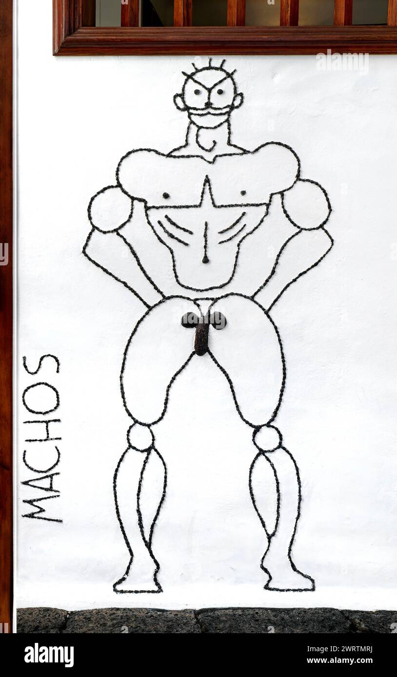 Toilettenschild Machos, Kaktusgarten, Jardin de Cactus, entworfen vom Künstler Cesar Manrique, Lanzarote, Kanarische Inseln, Spanien Stockfoto