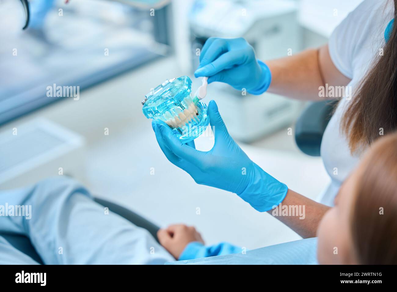 Die Ärztin hält ein Gebiss und eine Zahnbürste in den Händen Stockfoto