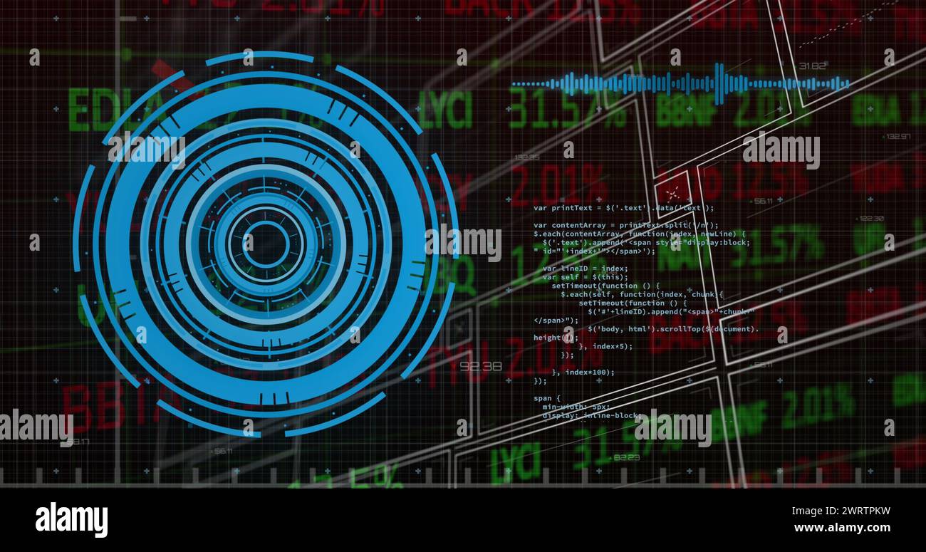 Bild der Zahlen, des Verarbeitungskreises und der Finanzdaten auf dem digitalen Bildschirm Stockfoto